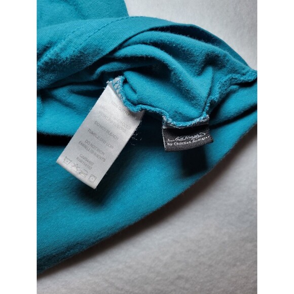 Ed Hardy Cobra Rose Skull Embroidered V-Neck Teal Double-sided Womans Large - Picture 3 of 7